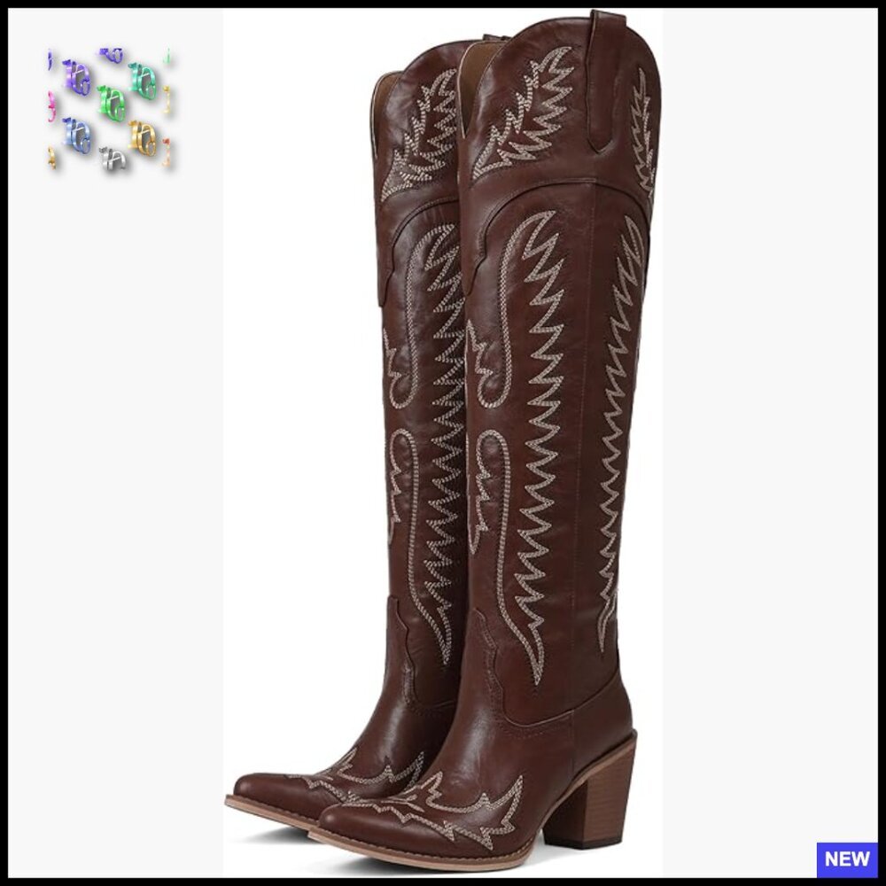 Over The Knee Cowboy Boots Chunky Heel Square Toe Slip On Zipper Western Fashion
